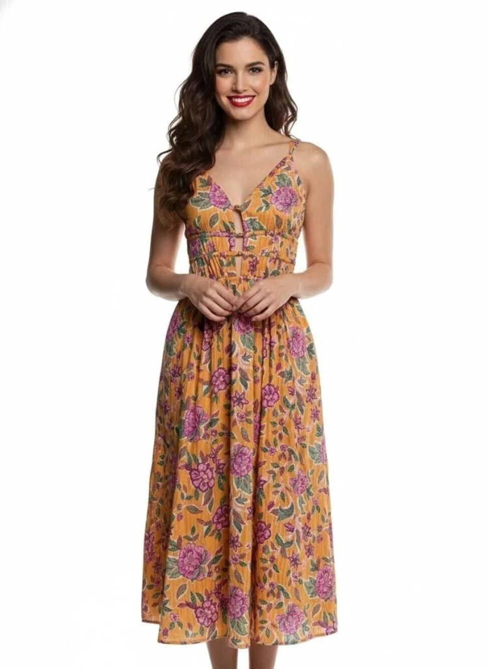 Caroline Constas womens Orange Floral Cotton Sleeveless Midi Dress size Medium